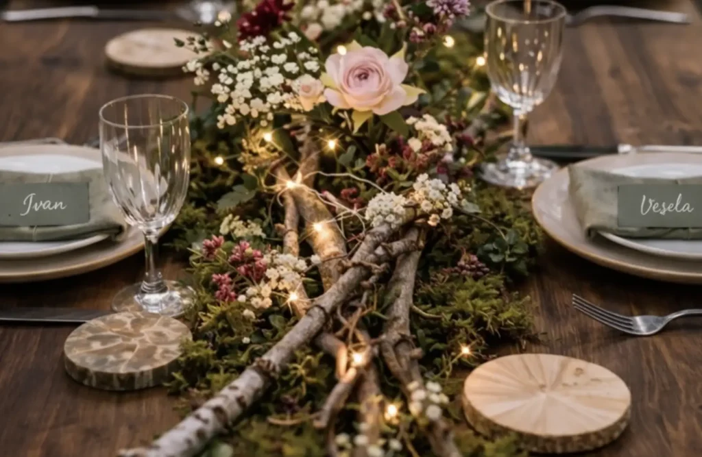 Маса на сватба на открито с имена на гости и елегантна аранжировка.