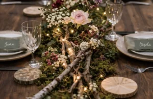 Маса на сватба на открито с имена на гости и елегантна аранжировка.